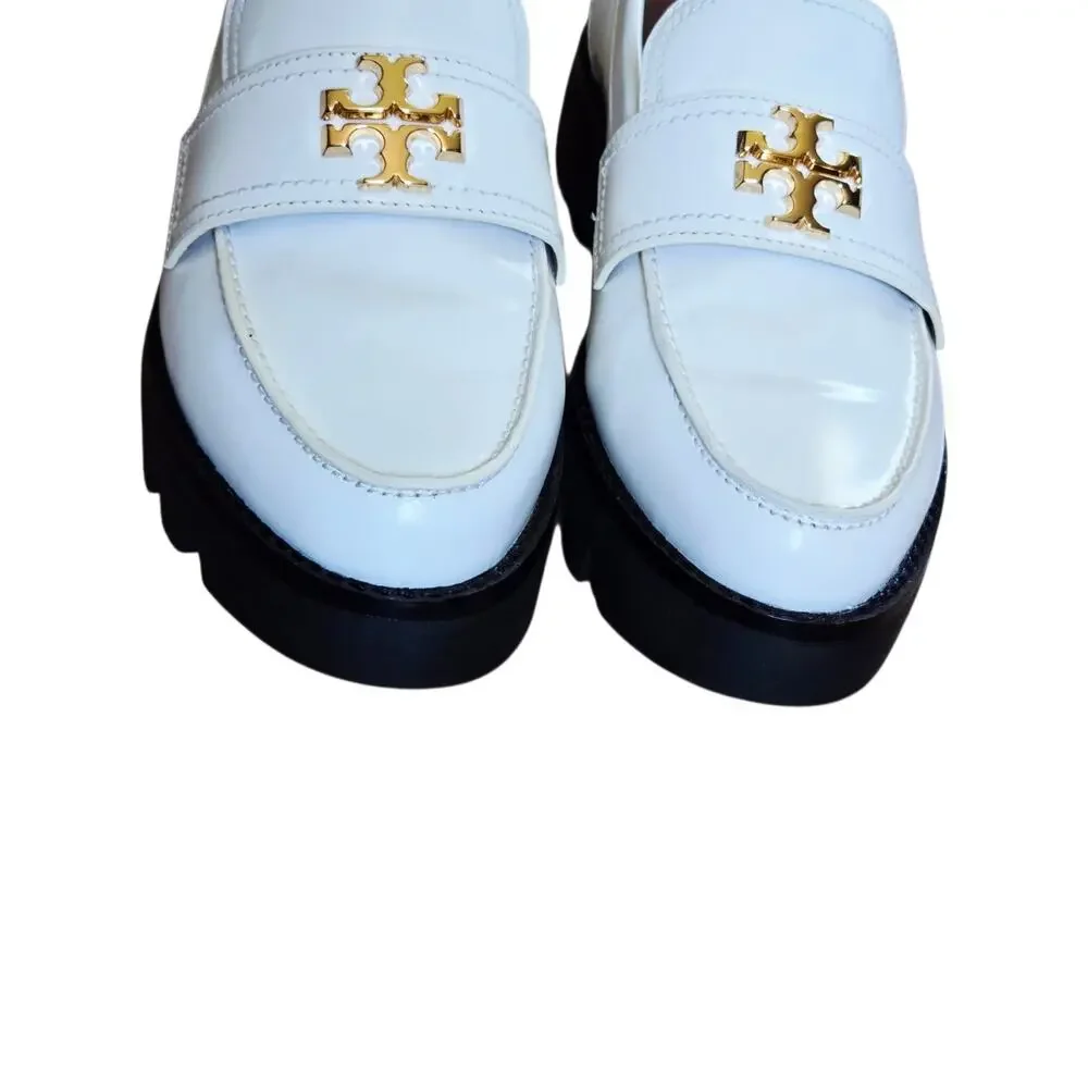 Tory Burch White Chunky Y2K 90s Style Platform‎ TT Monogram Loafers Size 7